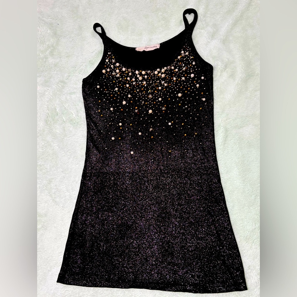 Sparkling black tank top with pearls and beads - Xs/S